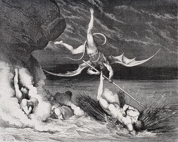 Engraving By Gustave Dore 1832-1883 French Artist And Illustrator For Inferno By Dante Alighieri Canto Xxii Lines 125, 126
