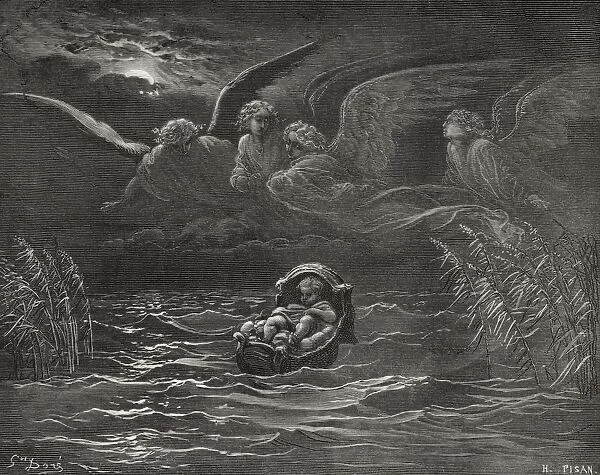 Engraving From The The Dore Bible Illustrating Exodus Ii 1 To 4 The Child Moses On The Nile By Gustave Dore 1832-1883 French Artist And Illustrator