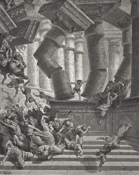 Engraving From The The Dore Bible Illustrating Judges Xvi 28 To 30 Death Of Samson By Gustave Dore 1832-1883 French Artist And Illustrator