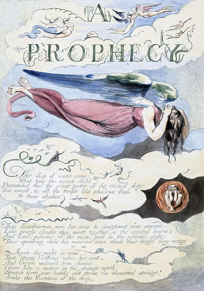From Europe a Prophecy by English poet and artist William Blake, 1757 - 1827. The winged figure is possibly Enitharmon, one of the characters in Blakes mythology, or mythopoeia