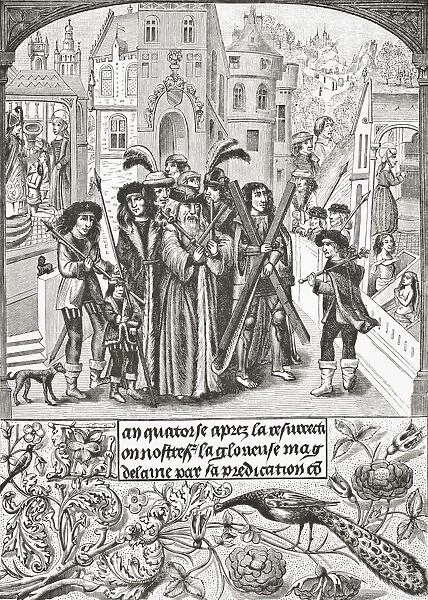 Fabled Origin Of The Burgundy Cross. Etienne, A Legendary King Of Burgundy, Makes A Pilgrimage To St. Victor Of Marseilles, To Whom He Has Carried The Cross Of St. Andrew, Out Of Gratitude To St. Mary Magdalene, Who Had Raised Him And His Mother From The Dead. This Cross Afterwards Figured In The Shield Of The House Of Burgundy. After A Miniature In The 15Th Century Manuscript Chroniques De Bourgogne. From Science And Literature In The Middle Ages By Paul Lacroix Published London 1878