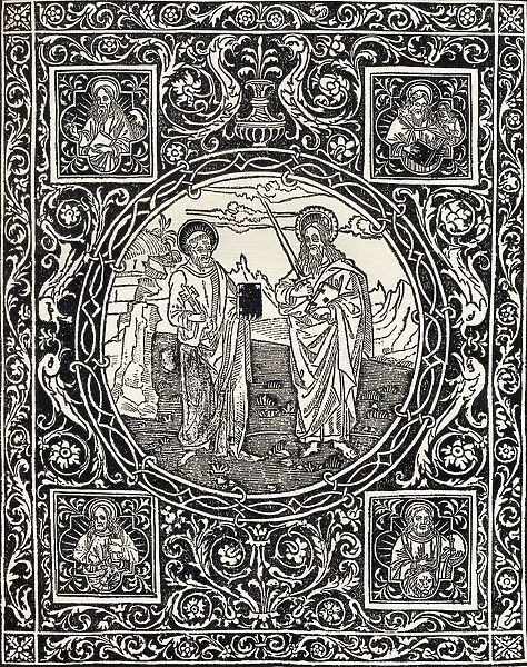 Facsimile Of Title Page Of Arabesque Design With Full Length Figures Of Saints Peter And Paul In The Centre And The Four Evangelists At The Corners From Epistole Et Evangelii Printed Florence 1495 From A Catalogue Of A Collection Of Engravings Etchings And Woodcuts By Richard Fisher Published 1879