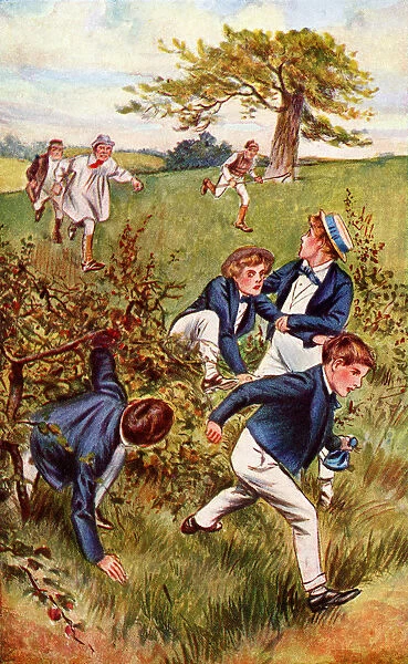 The Farmer And His Men Are Making Good Running About A Field Behind. Illustration To The Book Tom Browns School Days Published 1921