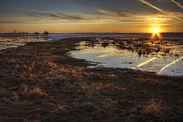 Field Flooded From Thawing Snow At Sunset, Namao, Alberta