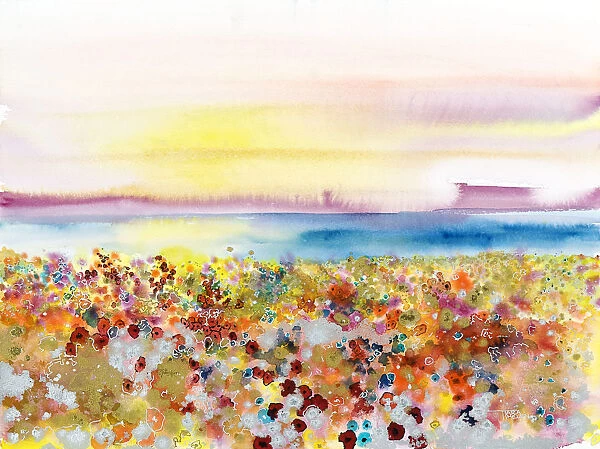 Field Of Joy, Abstract Landscape Of Bejeweled Field Of Flowers (Watercolor Painting)