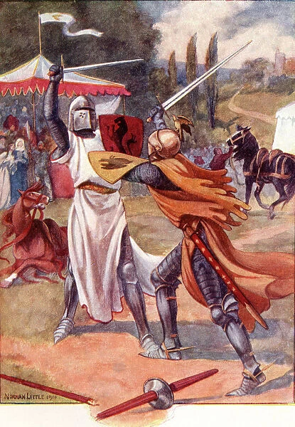 Fighting Knights In Armour. Coloured Illustration From The Book The Gateway To Tennyson Published 1910