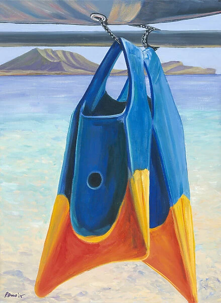 Fins, Colorful Swim Fins Hanging From Sailboat Tie (Acrylic Painting)