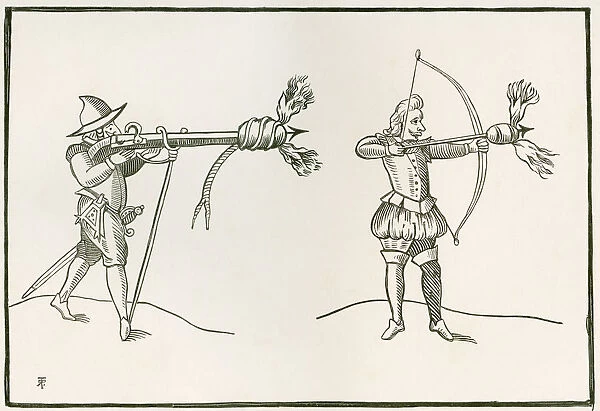 'Fireworks From Gonnes And Bowes. 'Shooting Fireworks Or Incendiaries From A Gun And A Bow, From Thomas Smiths Art Of Gunnery, 1643. From The British Army: Its Origins, Progress And Equipment, Published 1868