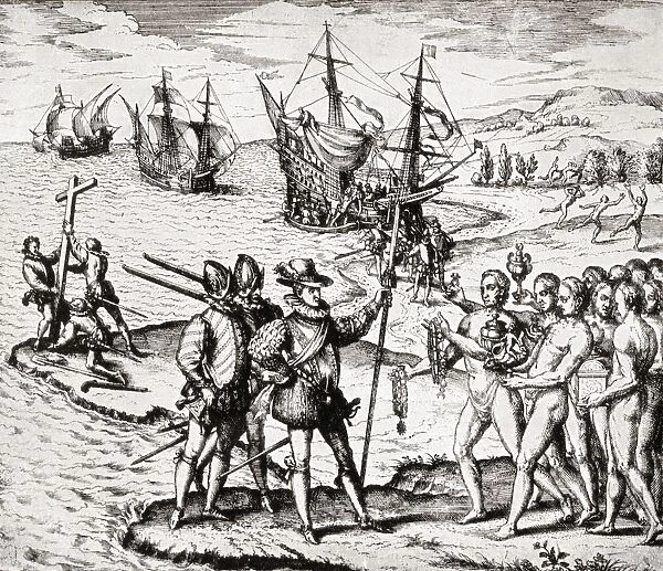 The First Landing Of Columbus On San Salvador Island, West Indies. Christopher Columbus C. 1451 To 1506. Italian Navigator, Colonizer And Explorer. From The Great Explorers Columbus And Vasco Da Gama, After A Print In De Brys Voyages, 1601