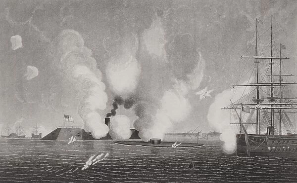 First Naval Combat Between Iron Vessels. The Confederate Css Virginia Formerly The Merrimack Left And The Union Uss Monitor Right At Hampton Roads Virginia