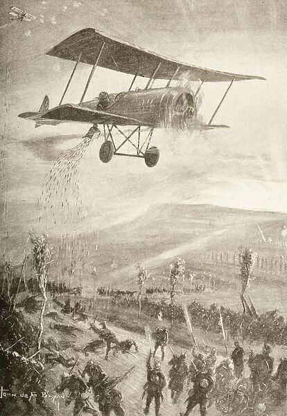 First World War Terror Weapon. Biplane Dropping Steel Arrows Onto Troops. Drawn By John De G. Bryan