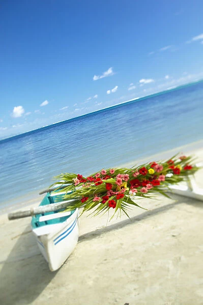 French Polynesia, Huahine, Outrigger Canoe On The Shore Of A Tropical Beach, Decorated With Beautiful Flowers For A Wedding