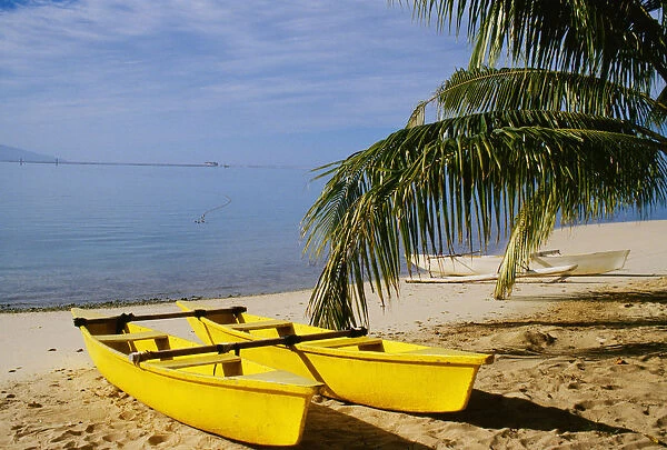 French Polynesia, Rangiroa, Kia Ora, Yellow Double Canoe On Beach