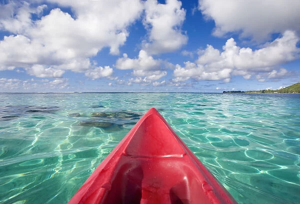 French Polynesia, Tahiti, Bora Bora, Red Outrigger Canoe In Calm Turquoise Water