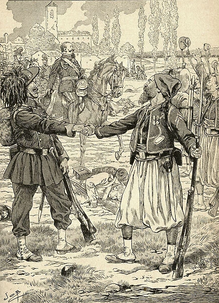 French And Sardinian Soldiers Shaking Hands To Celebrate Their Victory Against The Austrians After The Battle Of Palestro, Italy, 1859. From Agenda Buvard Du Bon Marche Published 1917