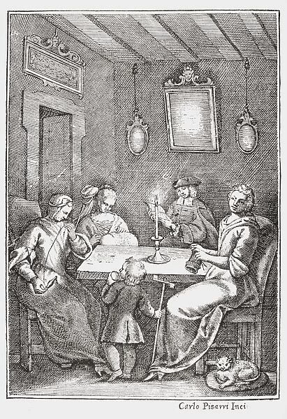 Frontspiece Of The 1742 Bolognese Edition Of The Pentamerone Of Giambattista Basile Showing The Chiaqlira Reading The Tales To A Sewing Party
