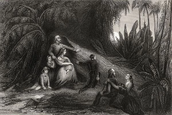 Fugitive Officers With Their Families Concealing Themselves In The Jungle From The History Of The Indian Mutiny Published 1858