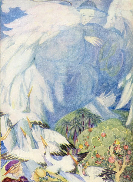 The Garden Of Paradise. Illustration From The Golden Wonder Book For Children Published 1934. The Fairy Showed The Prince The Tree Of Knowledge. From Every Leaf There Dropped A Bright Red Drop Of Dew