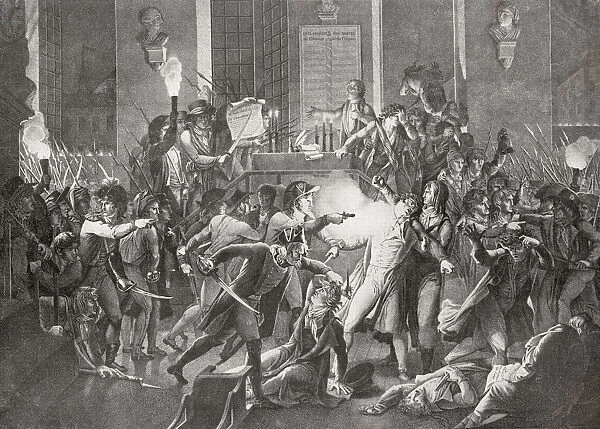 Gendarme Merda Shooting At Robespierre During The Night Of The 9 Thermidor. The Thermidorian Reaction Was A Revolt In The French Revolution When The National Convention Voted To Execute Maximilien Robespierre, Louis Antoine De Saint-Just And Others. From A Contemporary Print