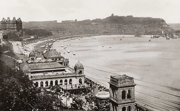 General view of the South Bay, Scarborough, North Yorkshire, England, seen here in the 19th century. From Around The Coast, An Album of Pictures from Photographs of the Chief Seaside Places of Interest in Great Britain and Ireland published London, 1895, by George Newnes Limited