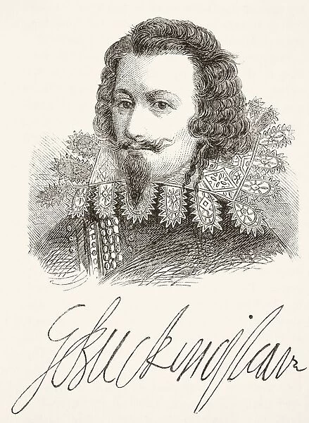 George Villiers 1St Duke Of Buckingham Aka Sir George Villiers Or Baron Whadden Viscount Villiers 1592 To 1628. English Courtier And Statesman. Portrait And Signature. From The National And Domestic History Of England By William Aubrey Published London Circa 1890