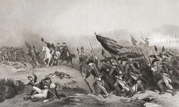 George Washington encourages his troops at the Battle of Princeton, January 3, 1777 during the American Revolutionary War. from a 19th century engraving after a work by Alonso Chappel; Illustration