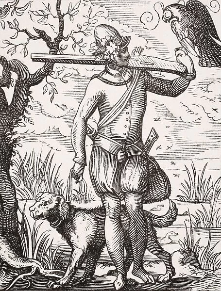 German Falconer. 19Th Century Reproduction From 16Th Century Engraving By Jost Amman