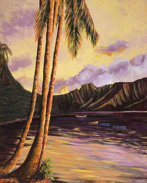 Glowing Kualoa (Diptych 1 Of 2), Hawaii, Oahu, Kualoa Point Left Side And Reflections At Sunset (Acrylic Painting) - Diptych Series With Image# 10242-60008-A7