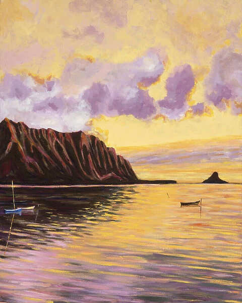 Glowing Kualoa (Diptych 2 Of 2), Hawaii, Oahu, Kualoa Point Right Side And Reflections At Sunset (Acrylic Painting) - Diptych Series With Image# 10242-60007-A7