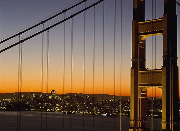 Detail Of The Golden Gate Bridge At Dawn With San Francisco Behind