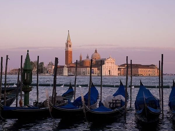Gondolas On Canal, Church Of St. Giorgio Maggiore In Background; Grand Canal, Venice, Italy