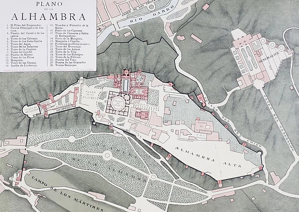 Granada, Spain. Plan Of The Alhambra And Surrounding Districts Around The Turn Of The 20Th Century. From Enciclopedia Ilustrada Segu