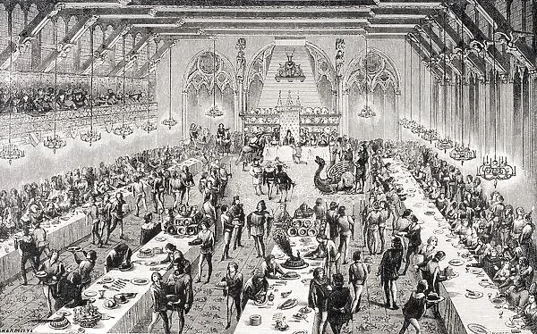 Grand Ceremonial Banquet At The French Court In 14Th Century. 19Th Century Engraving Based On Miniatures And Narratives Of The Period. From Dictionnaire Du Mobilier Francais By M. Viollet-Leduc