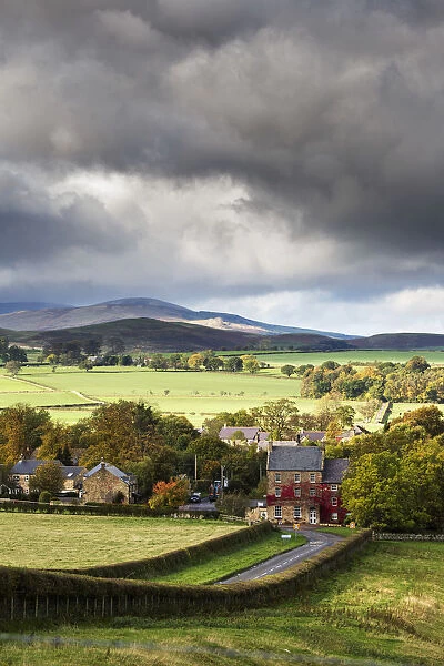 Grass Fields And Autumn Coloured Trees Under Storm Clouds; Wittingham, Northumberland, England