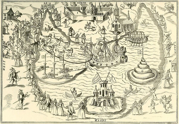 The Great Pond At Elvetham In 1591, The Scene Of The Entertainment Given By The Earl Of Hertford During The Visit Of Elizabeth I. The Queens Presence Seat And Her Attendants At A, Top Left. After A Contemporary Work