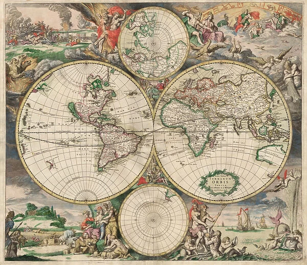 Hand coloured, world map by Gerard van Schagen, published in Amsterdam in the 1680s as Nova totius terrarum orbis tabula ex officina G. A. Schagen Amstelodami. It is based on Frederick de Wits 1668 map Orbis Maritimus. The mythological vignettes are the work of Romeyn de Hooghe