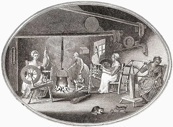 Handicrafts In The 18Th And 19Th Centuries. Spinning, Reeling With The Clock Reel, Boiling Yarn. From The Book Short History Of The English People By J. R. Green, Published London 1893