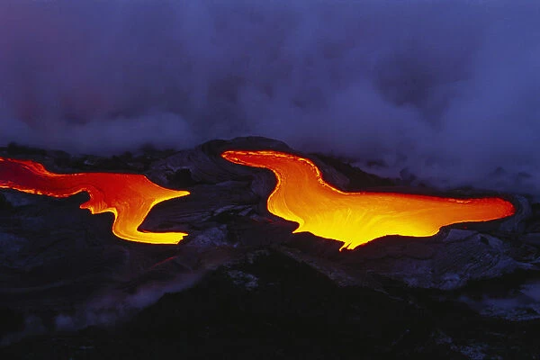 Hawaii, Big Island, Hawaii Volcanoes National Park, Pahoehoe Glowing Lava Flow, River Like Smoke In Background