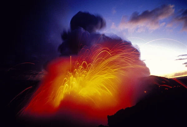 Hawaii, Big Island, Hawaii Volcanoes National Park, Lava Explosion Entering Ocean Smoke Cloud, Dawn Kupaianaha Vent