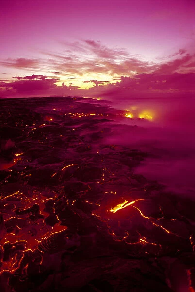 Hawaii, Big Island, Hawaii Volcanoes National Park, Near Kamoamoa, Kilauea Volcano Lava Flow At Dawn Glowing Pink Sky Smoky