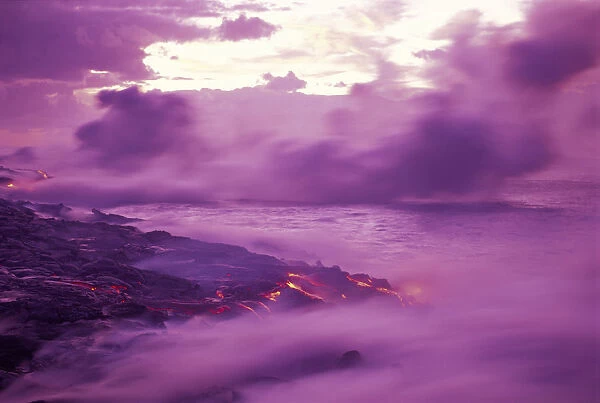 Hawaii, Big Island, Kilauea Lava Flow Into Ocean At Dawn, Purple Smoke Blurry Motion Kamoamoa Pahoehoe