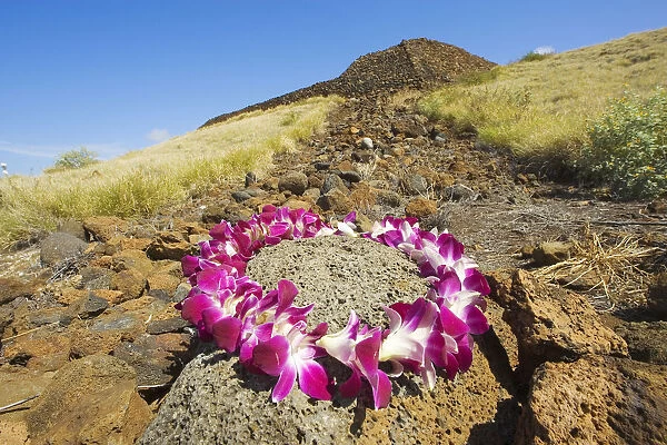 Hawaii, Big Island, North Kohala, Kawaihae, Mailekini Heiau, Orchid Lei In Foreground