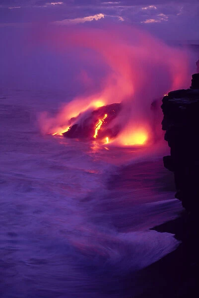 Hawaii, Big Island, Volcano Lava Meets The Sea, Steam Rising, Twilight A28E