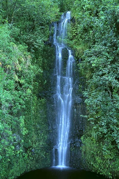 Hawaii, Close-Up Of Waterfall On Mountain Side, Green Foliage, Pool Below C1653