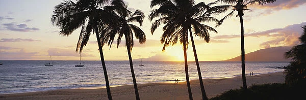 Hawaii, Couple walks on tropical beach at sunset, palm trees, boats anchored offshore