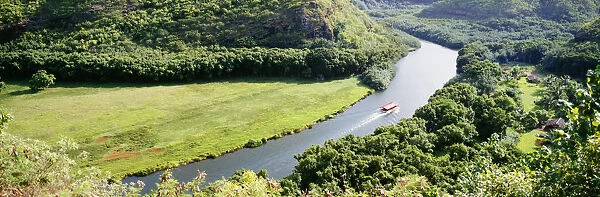 Hawaii, Kauai, Aerial View Of Wailua River With Tour Boat, Greenery, Panoramic
