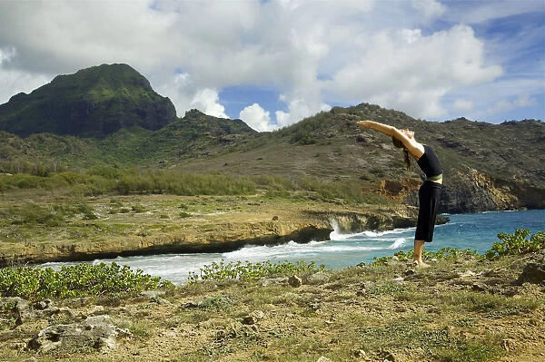 Hawaii, Kauai, Mahaulepu, Woman Doing Yoga