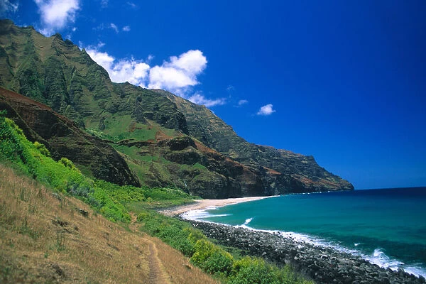Hawaii, Kauai, Na Pali Coast, Trail Ending At Kalalau Beach, Blue Skies