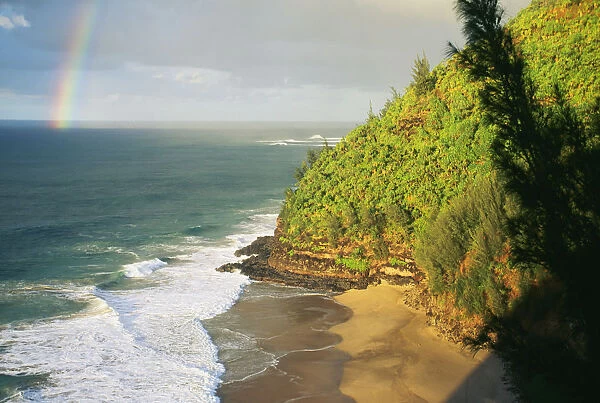 Hawaii, Kauai, Napali Coast, Hanakapiai Beach, Rainbow In Distance