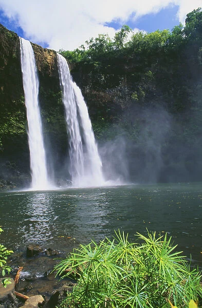 Hawaii, Kauai, Wailua State Park, Three Waterfalls Empty Into Same Pool